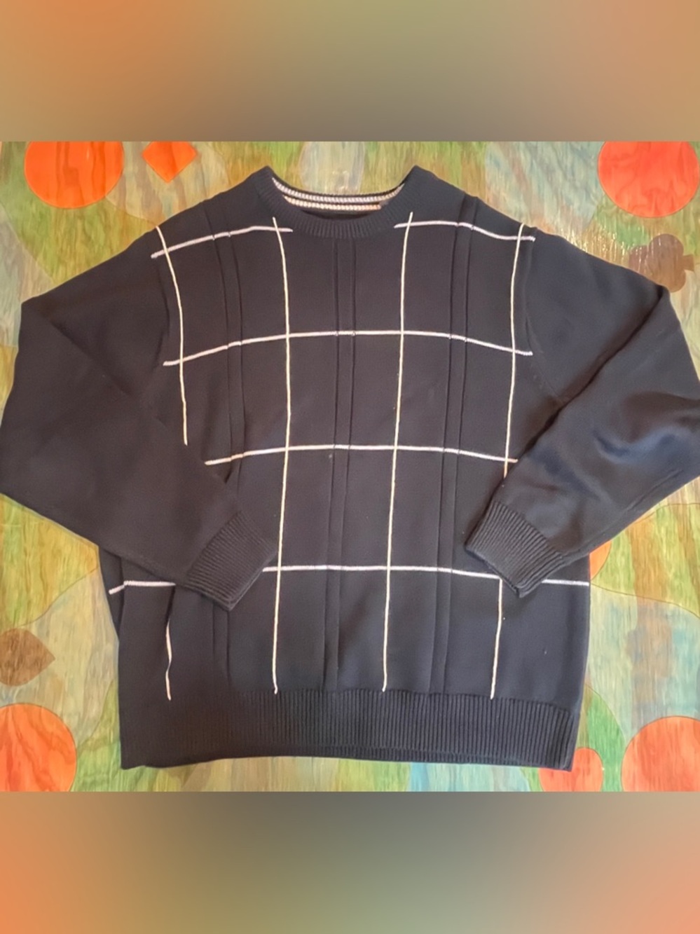 Haggar Mens Medium Knit Crewneck Sweater Black White Stripes